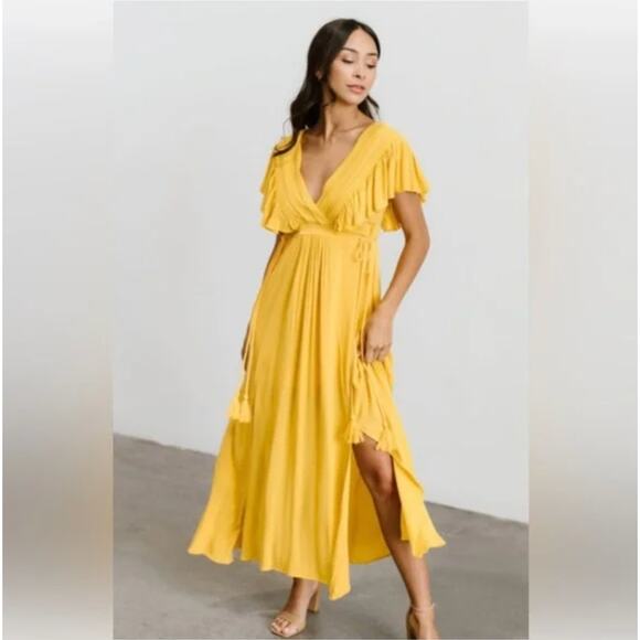 BALTIC BORN Jennifer Gauze Maxi Dress Tassel Goldenrod Yellow Sz L {3D49} - Picture 1 of 9